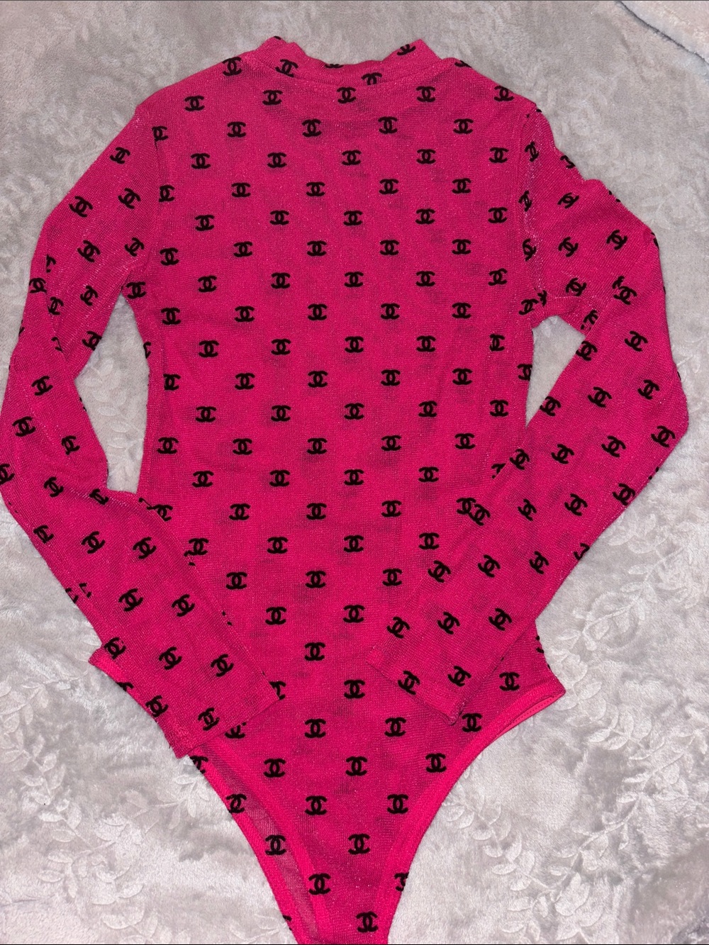 Hot Pink Long Sleeve Logo Mesh Bodysuit